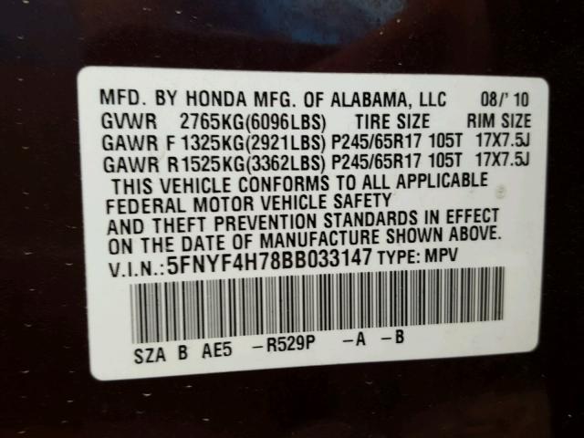 5FNYF4H78BB033147 - 2011 HONDA PILOT EXLN MAROON photo 10