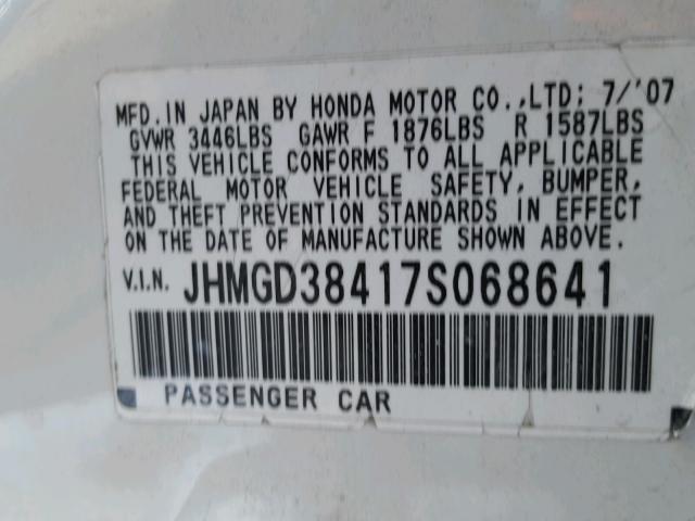 JHMGD38417S068641 - 2007 HONDA FIT WHITE photo 10