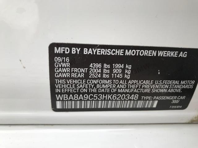 WBA8A9C53HK620348 - 2017 BMW 320 I WHITE photo 10