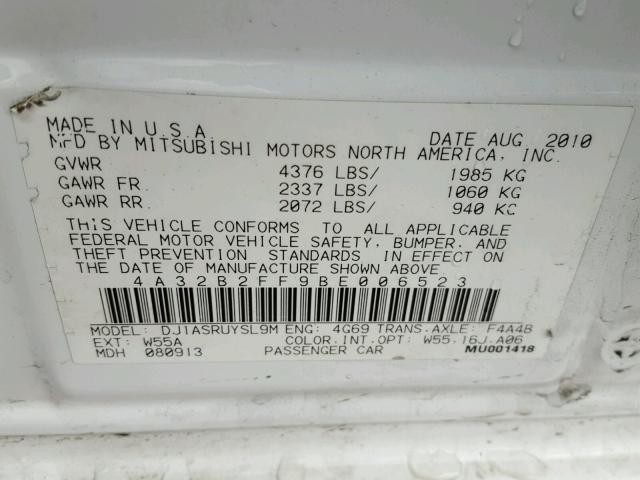 4A32B2FF9BE006523 - 2011 MITSUBISHI GALANT FE WHITE photo 10