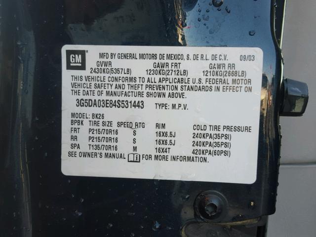 3G5DA03E84S531443 - 2004 BUICK RENDEZVOUS BLUE photo 10