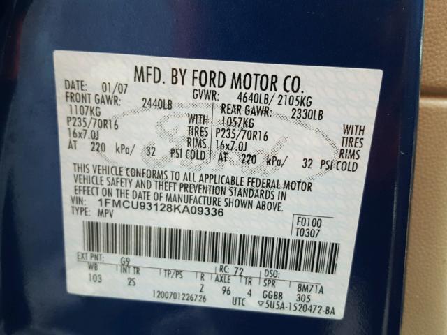 1FMCU93128KA09336 - 2008 FORD ESCAPE XLT BLUE photo 10