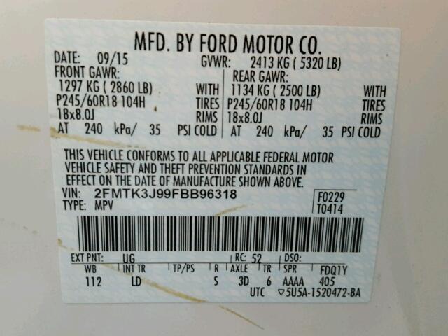 2FMTK3J99FBB96318 - 2015 FORD EDGE SEL WHITE photo 10