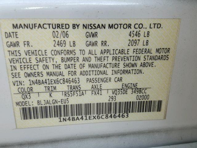 1N4BA41EX6C846463 - 2006 NISSAN MAXIMA SE WHITE photo 10