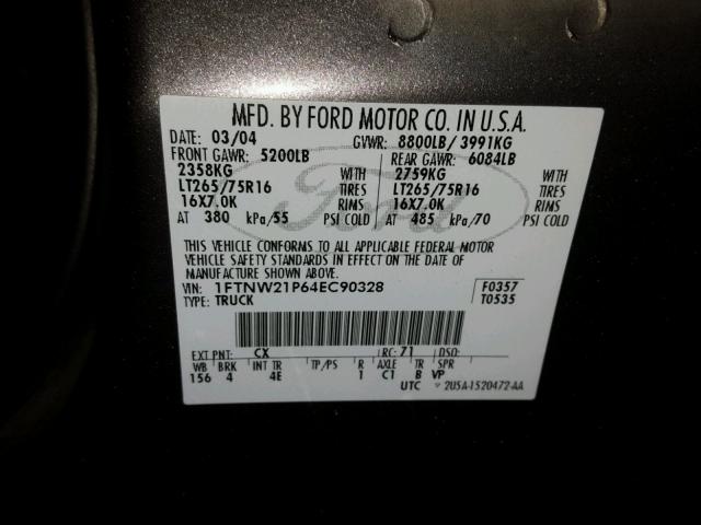 1FTNW21P64EC90328 - 2004 FORD F250 SUPER GRAY photo 10