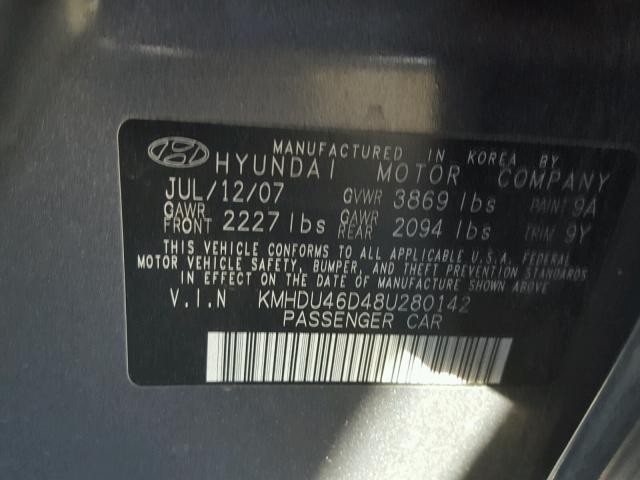 KMHDU46D48U280142 - 2008 HYUNDAI ELANTRA GL GRAY photo 10