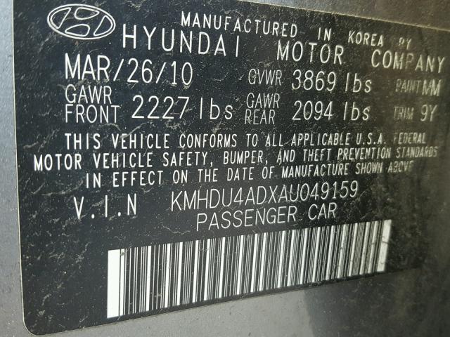 KMHDU4ADXAU049159 - 2010 HYUNDAI ELANTRA BL GRAY photo 10