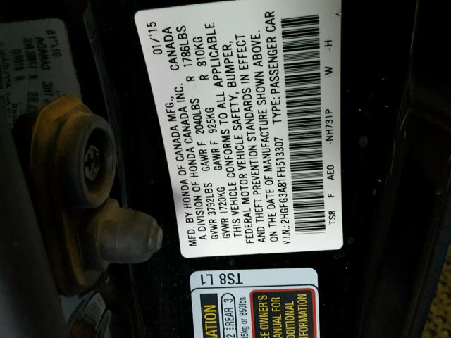 2HGFG3A81FH513307 - 2015 HONDA CIVIC EX 黑色 照片 10