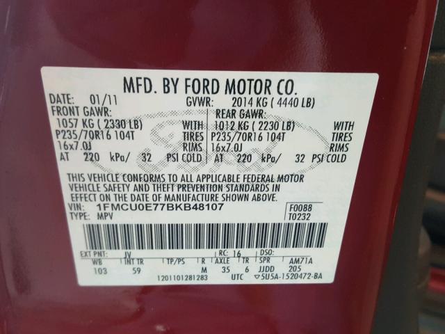 1FMCU0E77BKB48107 - 2011 FORD ESCAPE LIM RED photo 10