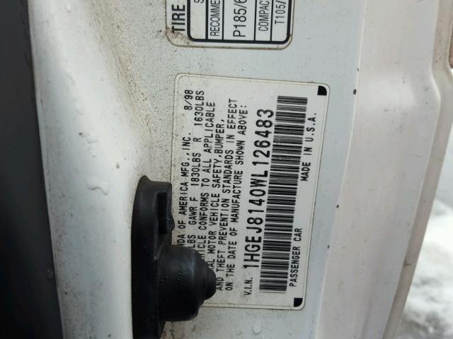 1HGEJ8140WL126483 - 1998 HONDA CIVIC EX თეთრი ფოტო 10