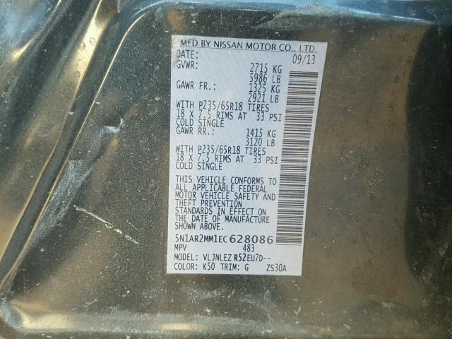 5N1AR2MM1EC628086 - 2014 NISSAN PATHFINDER GRAY photo 10