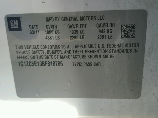 1G1ZC5E10BF318786 - 2011 CHEVROLET MALIBU 1LT 白色 照片 10