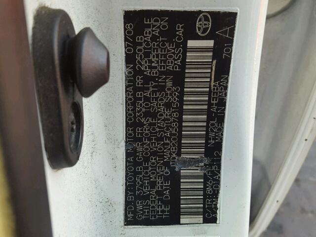 JTDKB20U587815993 - 2008 TOYOTA PRIUS WHITE photo 10