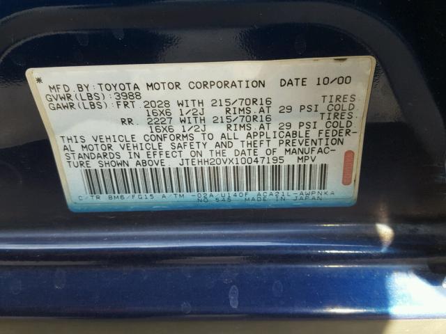 JTEHH20VX10047195 - 2001 TOYOTA RAV4 BLUE photo 10