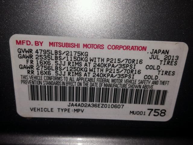 JA4AD2A36EZ010607 - 2014 MITSUBISHI OUTLANDER SILVER photo 10