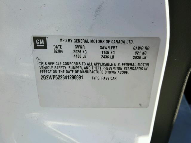 2G2WP522341296891 - 2004 PONTIAC GRAND PRIX WHITE photo 10