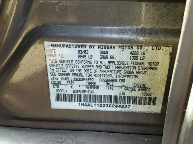 1N4AL11D23C244227 - 2003 NISSAN ALTIMA BAS GRAY photo 10