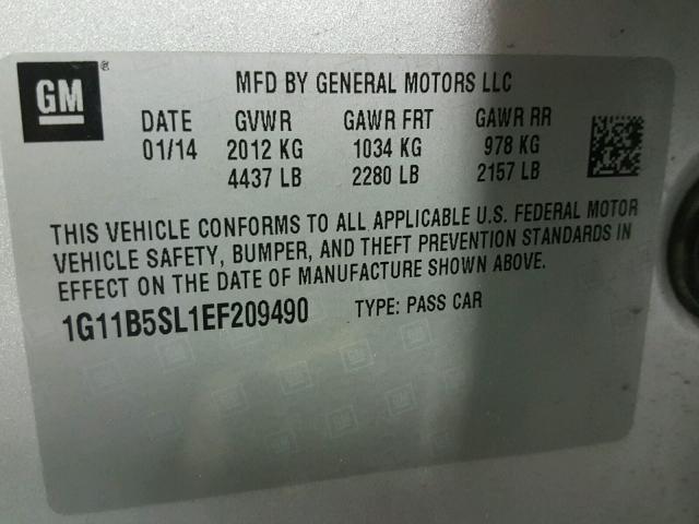 1G11B5SL1EF209490 - 2014 CHEVROLET MALIBU LS 银色 照片 10