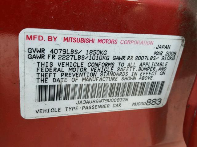 JA3AU86W79U008376 - 2009 MITSUBISHI LANCER GTS RED photo 10