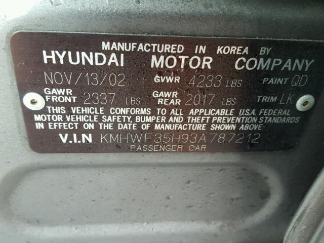 KMHWF35H93A787212 - 2003 HYUNDAI SONATA GLS GRAY photo 10