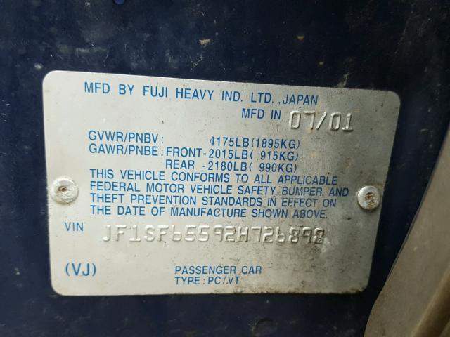 JF1SF65592H726898 - 2002 SUBARU FORESTER S BLUE photo 10