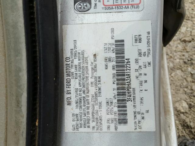 3FAHP0HA2AR122264 - 2010 FORD FUSION SE SILVER photo 10