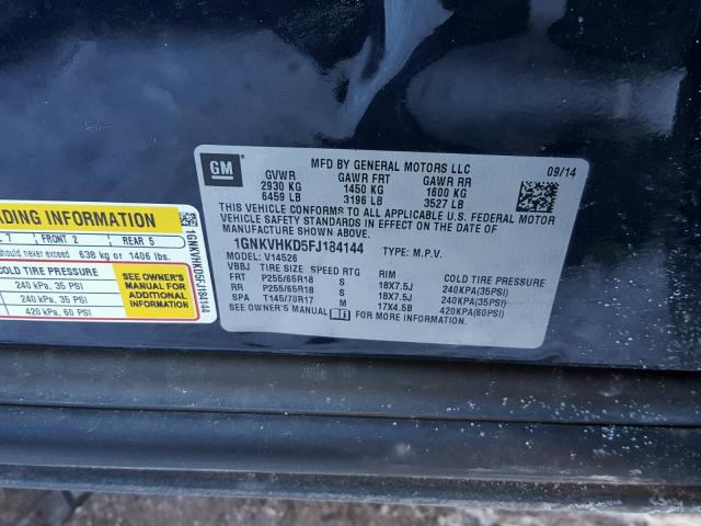 1GNKVHKD5FJ184144 - 2015 CHEVROLET TRAVERSE L BLUE photo 10