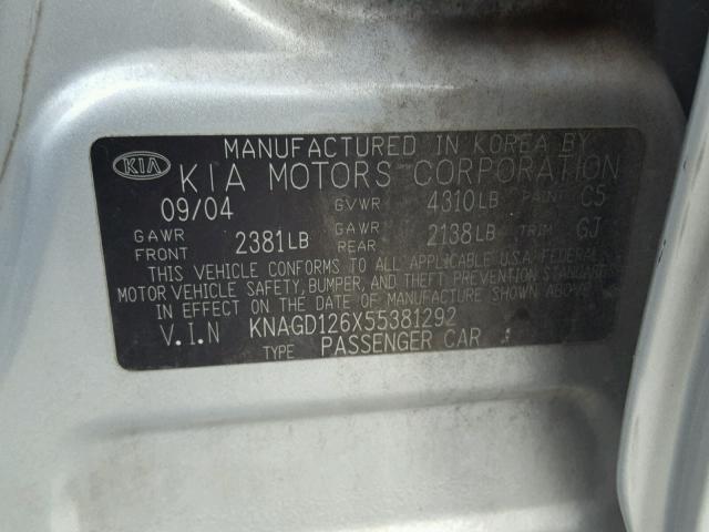 KNAGD126X55381292 - 2005 KIA OPTIMA LX SILVER photo 10