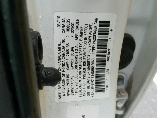 2HGFC1F34GH642060 - 2016 HONDA CIVIC EX WHITE photo 10