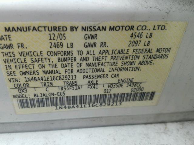 1N4BA41E16C829213 - 2006 NISSAN MAXIMA SE WHITE photo 10