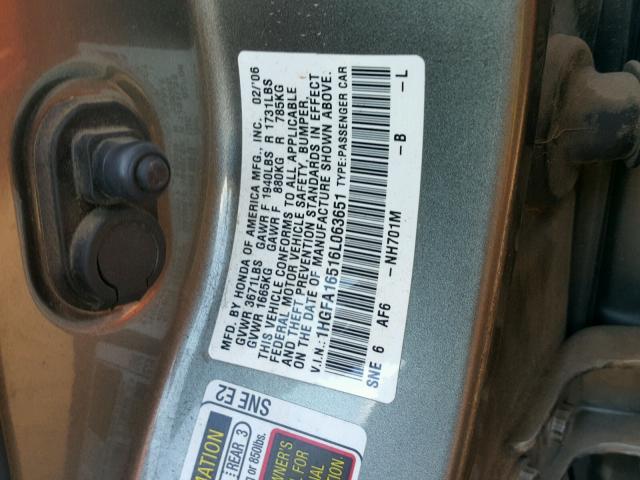 1HGFA16516L063651 - 2006 HONDA CIVIC LX GRAY photo 10