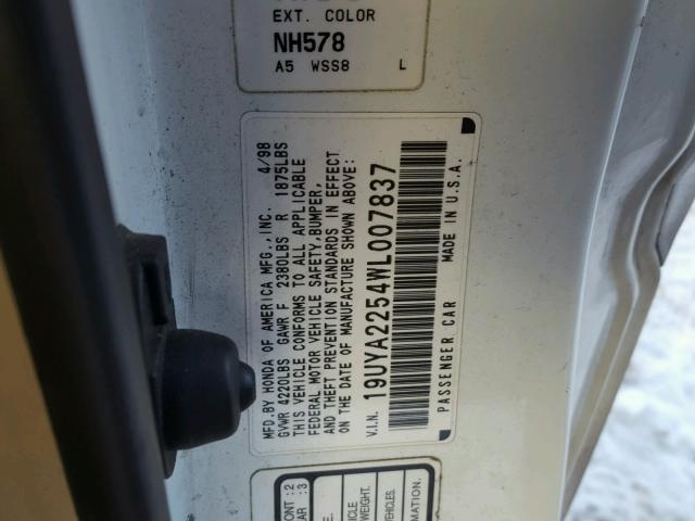 19UYA2254WL007837 - 1998 ACURA 3.0CL 白色 照片 10