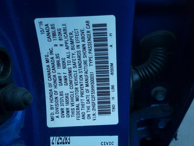 2HGFC2F55HH500051 - 2017 HONDA CIVIC LX BLUE photo 10