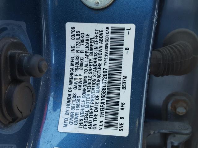 1HGFA16586L072007 - 2006 HONDA CIVIC LX BLUE photo 10