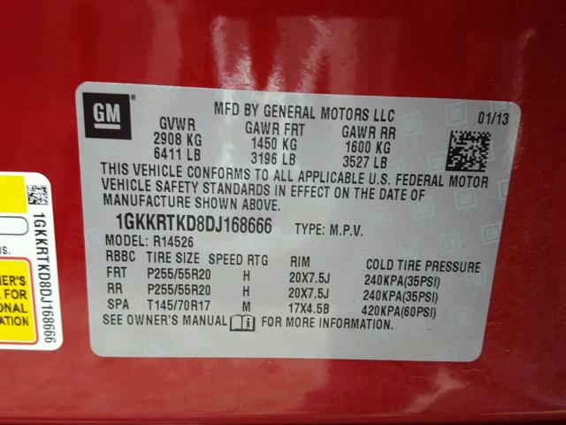 1GKKRTKD8DJ168666 - 2013 GMC ACADIA DEN RED photo 10