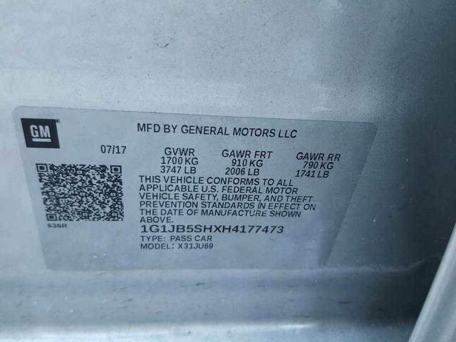 1G1JB5SHXH4177473 - 2017 CHEVROLET SONIC LS 银色 照片 10