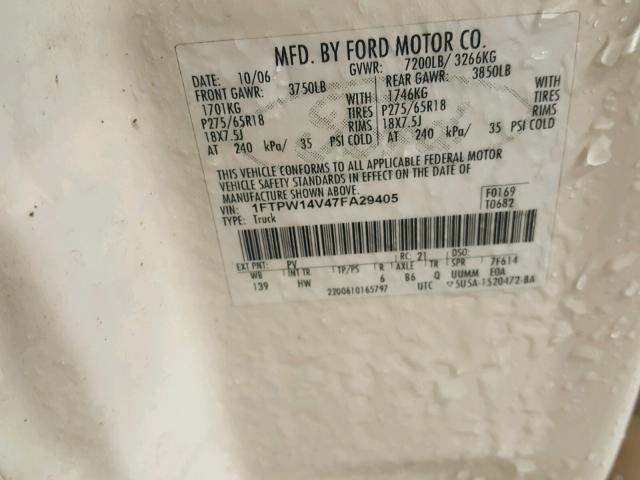 1FTPW14V47FA29405 - 2007 FORD F150 SUPER WHITE photo 10