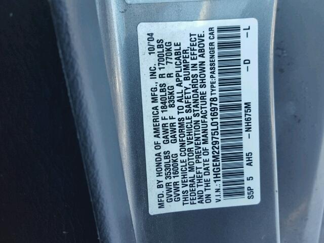 1HGEM22975L016978 - 2005 HONDA CIVIC EX ნაცრისფერი ფოტო 10