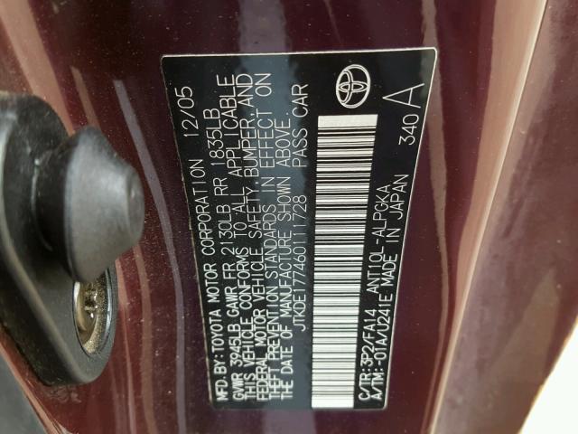 JTKDE177460111728 - 2006 TOYOTA SCION TC MAROON photo 10