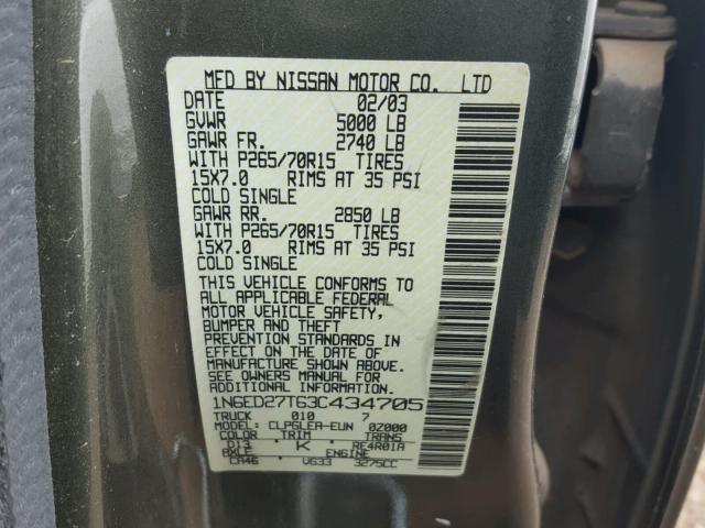 1N6ED27T63C434705 - 2003 NISSAN FRONTIER C GREEN photo 10