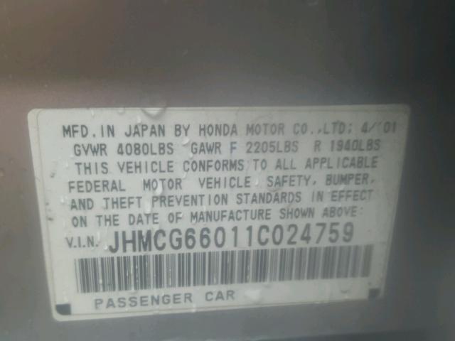 JHMCG66011C024759 - 2001 HONDA ACCORD EX GRAY photo 10