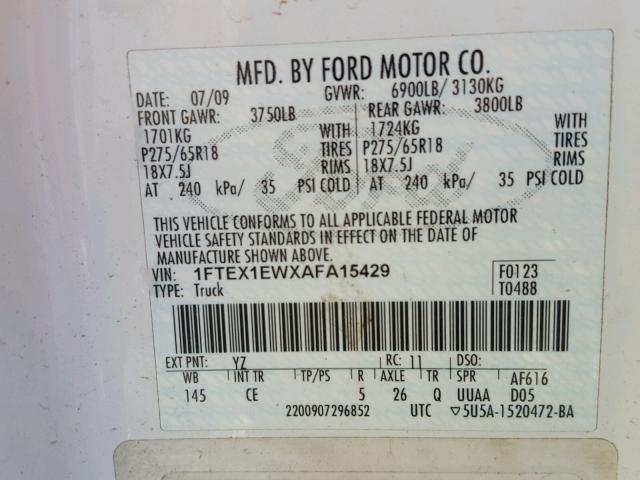 1FTEX1EWXAFA15429 - 2010 FORD F150 SUPER WHITE photo 10