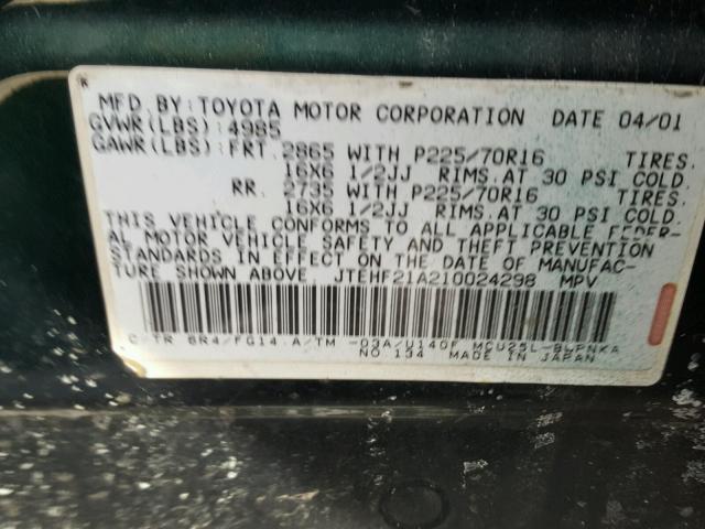 JTEHF21A210024298 - 2001 TOYOTA HIGHLANDER GREEN photo 10