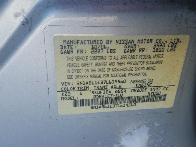 3N1AB61E37L619560 - 2007 NISSAN SENTRA 2.0 SILVER photo 10