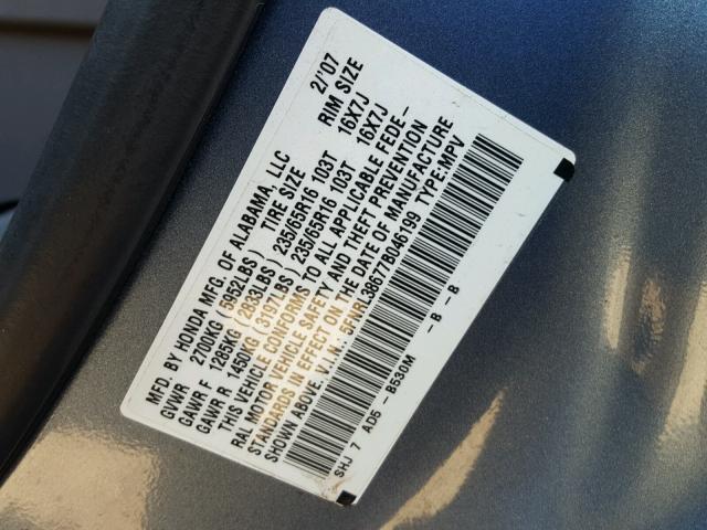 5FNRL38677B046199 - 2007 HONDA ODYSSEY EX BLUE photo 10