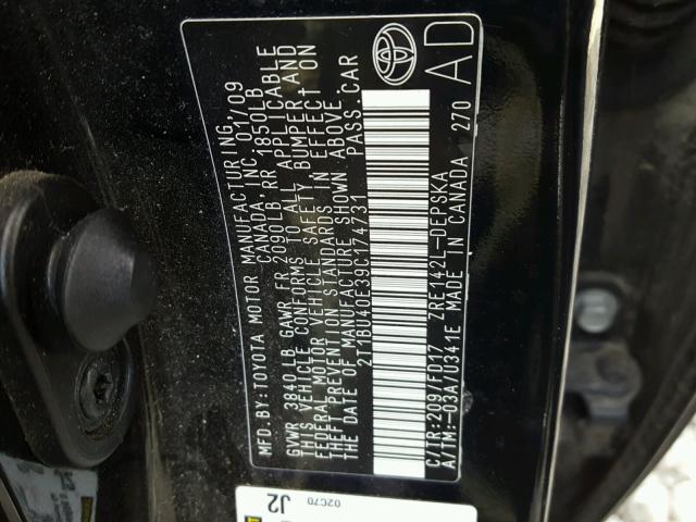 2T1BU40E39C174731 - 2009 TOYOTA COROLLA BA BLACK photo 10