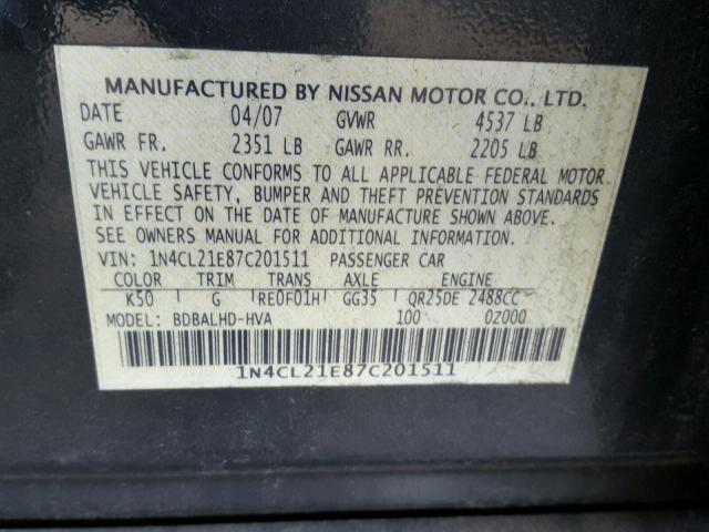 1N4CL21E87C201511 - 2007 NISSAN ALTIMA HYB GRAY photo 10