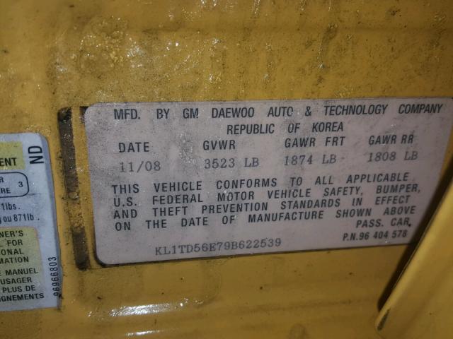 KL1TD56E79B622539 - 2009 CHEVROLET AVEO LS 黄色 照片 10