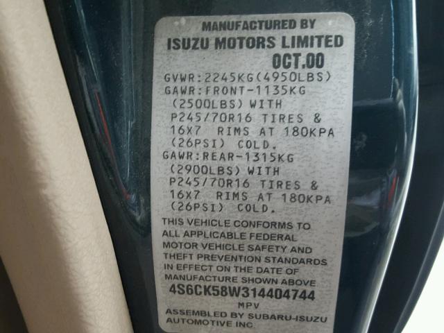 4S6CK58W314404744 - 2001 HONDA PASSPORT E GREEN photo 10