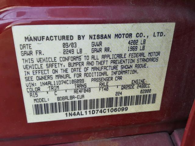 1N4AL11D74C106099 - 2004 NISSAN ALTIMA BAS RED photo 10